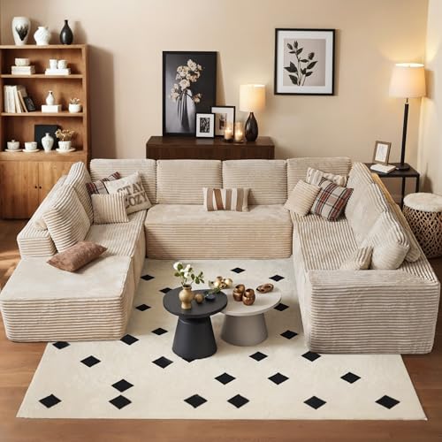Image of HOOOWOOO Cloud Sectional Couches for Living Room,Modular Sectional Sofa No Assembly,136X108 Inch Plush Corduroy Large U Shaped Floor Couch Set with Deep Seat Ottoman(Beige)