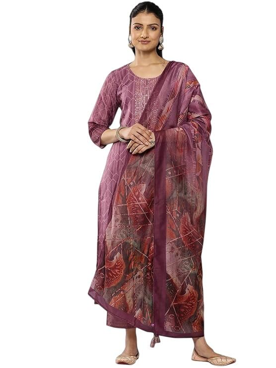 Image of Libas Gerua Embroidered Silk Blend Straight Kurta With Trousers and Dupatta