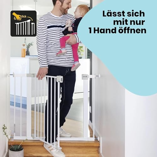 Safety 1st Auto Close Gate, Treppenschutzgitter ohne Bohren, 73–80 cm (max. 136 cm erweiterbar), automatisch schließendes Türschutzgitter, mit einer Hand öffnen, kein Bohren, Zweifachsicherung, Weiß