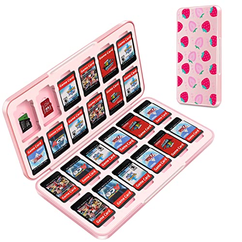 OLDZHU Rosa Linda Switch Caja Juegos Compatible con Nintendo Switch,Portátil Funda Juegos para Nintendo Switch OLED con 24 Cartuchos de Juegos y 24 Tarjetas Micro SD,Silicona Blanda de Carcasa Dura