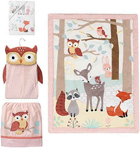Lambs & Ivy Little Woodland Forest Animals 4 Piece Crib Bedding Set, Pink/White
