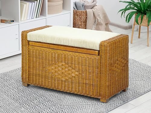Bruno Handmade 32 Inch Rattan Wicker Chest Storage Trunk Organizer Ottoman W/Cushion Colonial