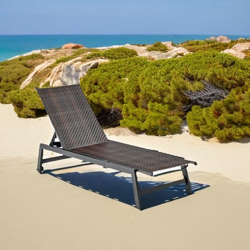 Miniatura 6 de Giantex Tumbona para patio, silla reclinable de ratán de polietileno para exteriores con ruedas, respaldo ajustable de 5 posiciones, marco de acero,