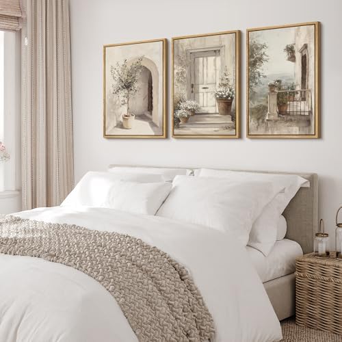 wall26 Framed Canvas Print Wall Art Set Mediterranean Courtyard with Olive Trees and Sunlit Doorway Illustrations Modern Art Decorative Multicolor for Living Room, Bedroom, Office - 24"x36"x3 NATURAL - 2