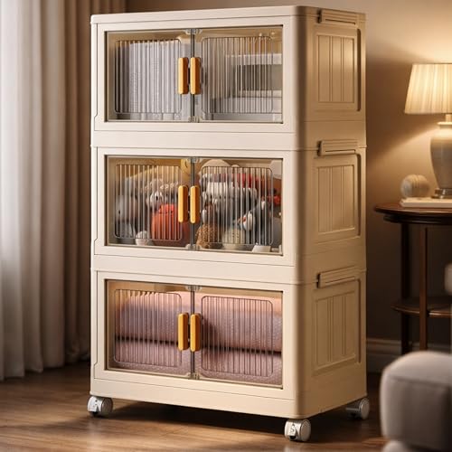 Image of BAMEOS ๐ ๐๐๐๐ Plastic Rack for Storage Cabinet with Wheels | Multipurpose Shelf Storage Services Almirah Wardrobe for Clothes, Kitchen Cupboard | Plastic Organizer with Transparent Doors - WHITE