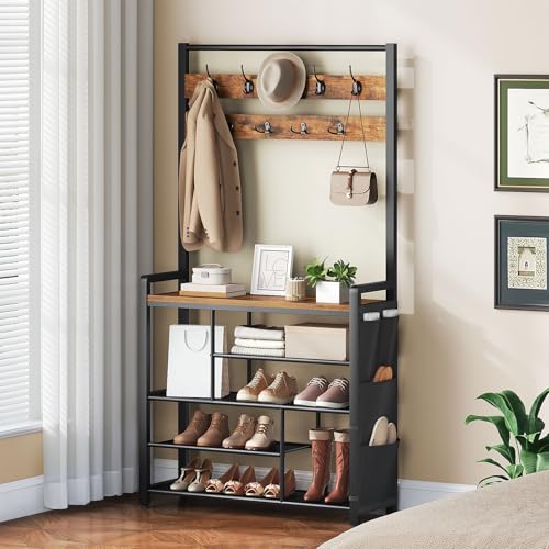 HOOBRO-Hall-Tree-with-Bench-Shoe-Rack-with-Coat-Rack-Coat-Rack-with-Shoe-Storage-5-Tier-Shoe-Storage-Organizer-with-Oxford-Fabric-Side-Pockets-Coat-and-Shoe-Rack-Entryway-Rustic-Brown-BF45MT01