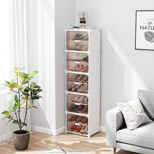 Image of YASONIC Premium Modular Plastic Shoe Rack for Home with Door | 10-Tier Stackable Shoe Organizer | Waterproof & Dustproof | Space Saving Storage for Home, Bedroom & Entryway [White HR1, 10-Shelf-5-Door