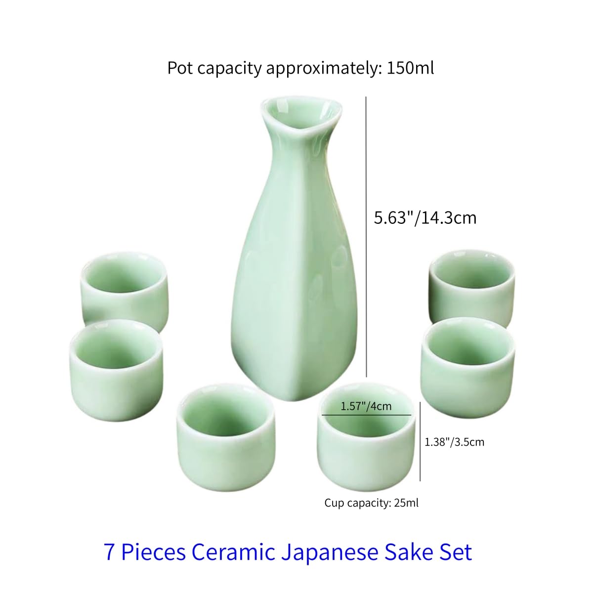 Ceramic Japanese Sake Set, 7 Pcs Jade Color Sake Set, 1 Serving Bottle and 6 Cups for Home, Restaurants, Gifts (Hand Wash)
