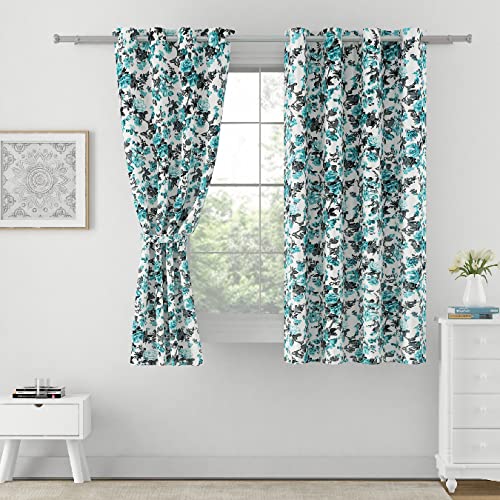 Image of Swayam 90% Blackout Polyester Window Curtain for Living Room & Bedroom | 5 Feet | Room Darkening Curtain with Eyelets | Pack of 2 | Floral Design - Teal & White