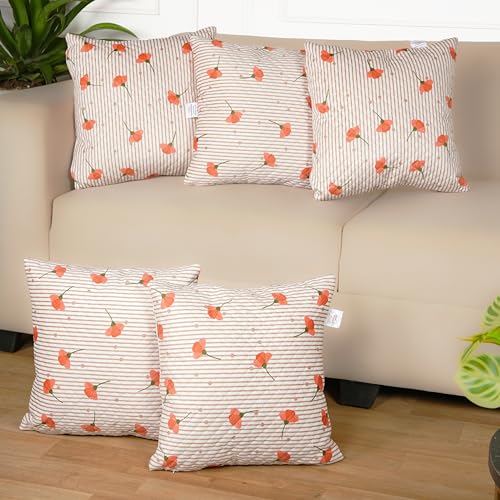 Image of STITCHNEST 'QuadraNest' Series Printed Quilted Velvet Cushion Cover 16x16 Inch Set of 5 | Premium Soft Fabric, Washable & Fade Resistant | Decorative Living Room Cushion Covers | Orange Floral