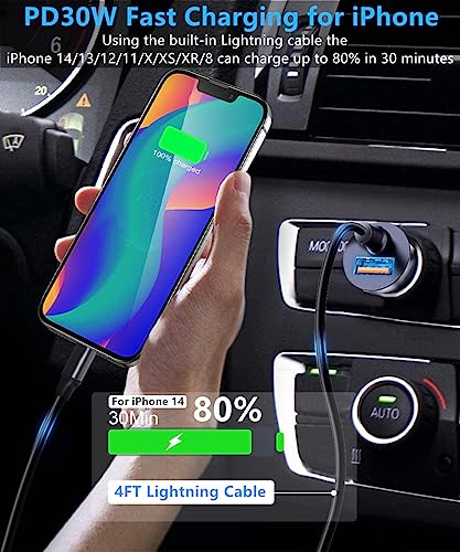 60W 2-Port Super Fast Car Charger Adapter with 4ft Type C Cable, [PD 30W &QC 30W] Fast Charging for iPhone 14/Galaxy S24 S23/Android, Cigarette Lighter USB Charger