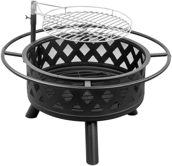 BlackFire Pit for Outside, 30" Outdoor Burning Fire Pits, Patio Backyard Firepit with Steel BBQ Grill Cooking Grate, Steel Firepit Bowl for Patio Garden, 30.3" D x 30.3" W x 20.5" H