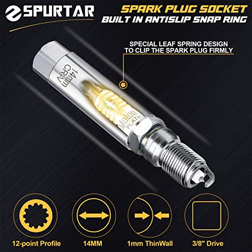 Image of Spurtar 14mm Spark Plug Socket 12-Point Thin Wall 3 /8 inch Drive Spring Clips | Spring Clips, Spark Plug Removal Tool, Cr-V Steel Wrench, Compatible with BMW, Mercedes, Nissan, Mini Motorcycle, Car, SUV