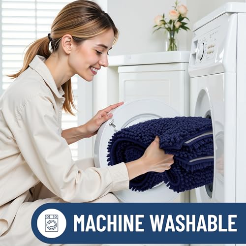 Smiry Luxury Chenille Bathroom Rugs 44x24, Extra Soft and Absorbent Shaggy Bath Mat, Machine Washable, Non-Slip Plush Carpet Runner for Tub, Shower, and Floor, Home Decor Accessories, Navy Blue