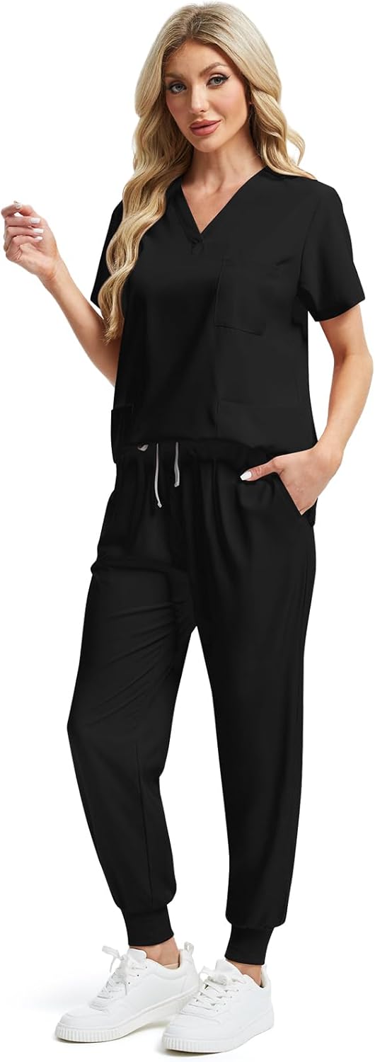 Geyoga 2 Pack Scrub Sets for Women V Neck and Jogger Scrub Pants Stretch Nurse Scrub Set with 6 Pockets