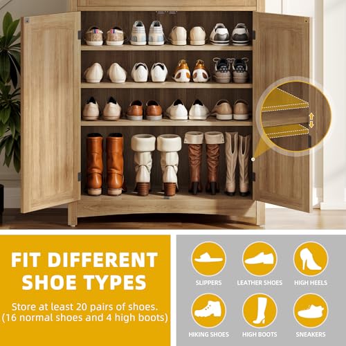 DWVO 5-Tier Rattan Shoe Storage Cabinet, Farmhouse Shoes Rack Cabinet with Adjustable Shelf, 43" Tall Wood Shoe Organizer with Drawer & Doors for Entryway Hallway Living Room Closet (Oak)