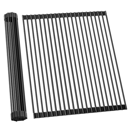 Ohuhu black roll-up rack loaded with dishes — its 2.76 lb build supports heavy cookware