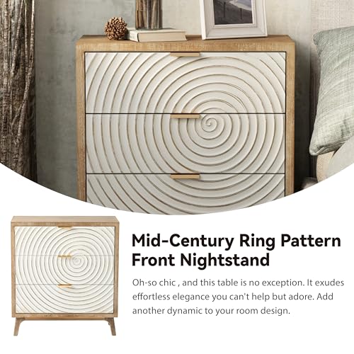 COZAYH Farmhouse 3 Drawer Dresser with Handcrafted Wood Ring Motif, White Nightstand for Bedroom, Rustic & Natural, Fully Assembled, Boho - Image 4