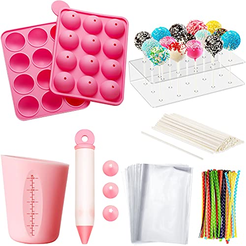 Silicone Cake Pop Mold, Chocolate Pen, Silicone Measuring Cup, 15 Holes Cake Pop Display Stand, 100 Paper Cake Pop Sticks, 100 Colorful Twist Ties, 100 Lollipop Bag for Cake Pop (6.9 x 5.3 x 1.6 Inch)