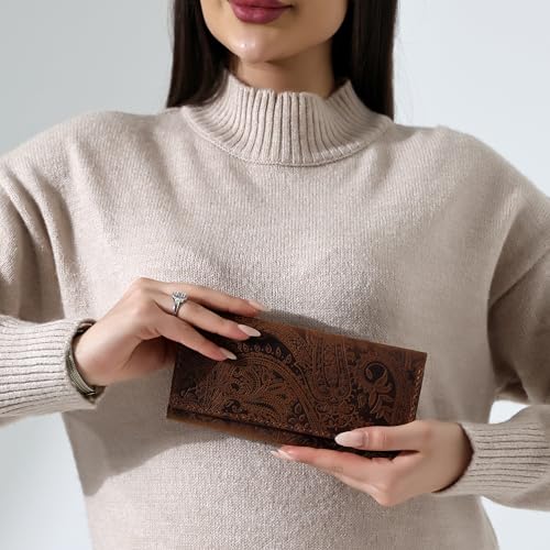 Genuine Leather Handmade Wallet for Women Large Capacity Credit Card Holder Ladies Bifold Long Clutch Handbag Slim Minimalist Purse with Zipper Pocket3