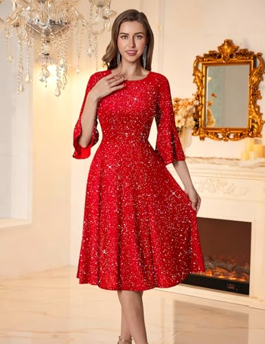 Image of HomRain Women's Church Dresses Modest Bell Sleeve Wedding Guest Cocktail Tea Party Vintage Evening Dress