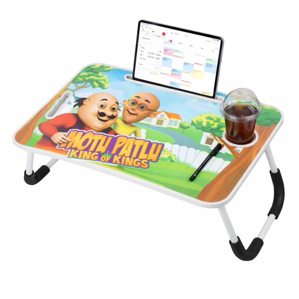 Foldable Laptop Table for Bed with Cup Holder & Mobile Slot | Portable Study Table for Sofa, Work from Home Desk, MDF Top & Metal Legs | Lightweight Multipurpose Bed Desk (Motu Patlu-Multicolor)-picture-10