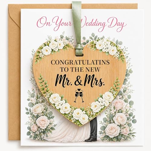 Image of Wedding Card with Wooden Heart Plaque, Congratulations Wedding Card Set with Envelope and Ribbon, On Your Wedding Day Gift Card for Bride and Groom, Mr and Mrs Keepsake Wedding Gifts for Couple