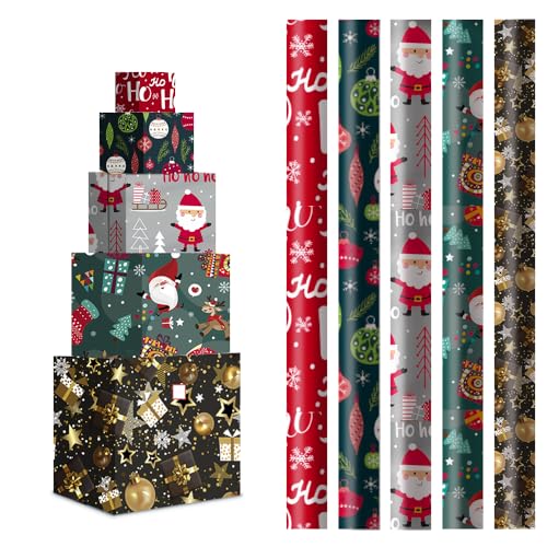 H HANSEL HOME Pack de 5 rolos papel de presente 70 x 200 cm, design natalício com Pai Natal, estrelas e presentes, papel grande e resistente para embrulhar presentes de aniversário, Natal e festas