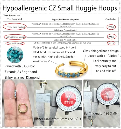Image of Hypoallergenic Unisex Surgical Steel Small Cubic Zirconia Huggie Hoop Earring, Color Gold - Silver - Rose Gold - Black - Rainbow, Size 6mm- 12mm Safe for Sensitive Ear