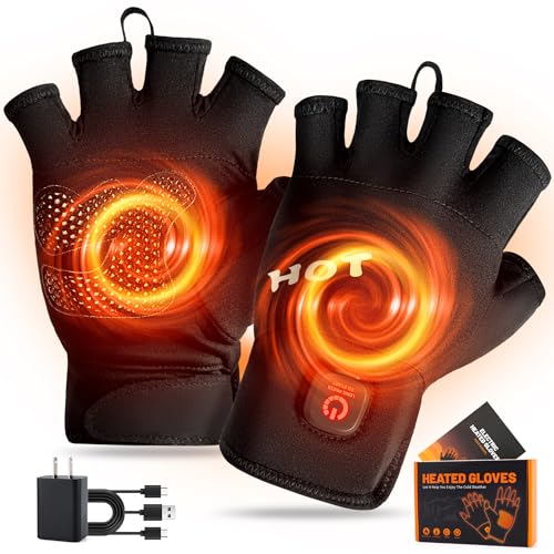 Heated Gloves for Men Women- Rechargeable Electric Full&Half Hands Electric Heated Gloves Work Arthritis Pain Relief Hot Compress Hand Warmers for Cycling Skiing Hunting (Fingerless, Large)