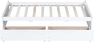 Twin Bed with Storage Drawers: Solid Rubber Wood Frame & Modern Minimalist Design - Space Saving Bedroom Furniture for Student Apartments & Small Rooms