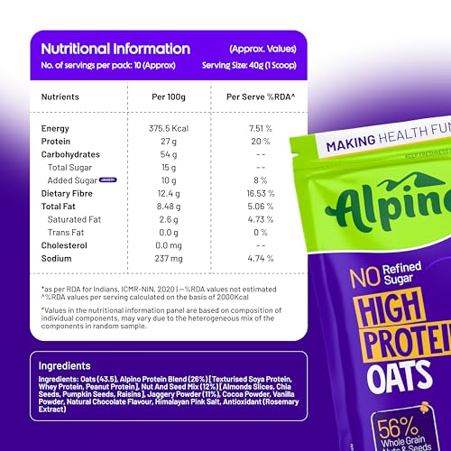 Image of ALPINO 27g High Protein Oats Dark Chocolate 400g - Rolled Oats, Protein Blend, Jaggery Powder, Cocoa Powder, Nuts & Seeds - Source of Dietary Fibre & Healthy Fats, No Refined Sugar & Salt
