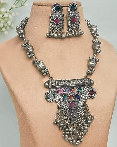 Designer Statement Afghani Antique Oxidised Silver Indian Party Ethnic Tassel Ghungroo Bells Tribal Gypsy Necklace Jewelry Set Women3
