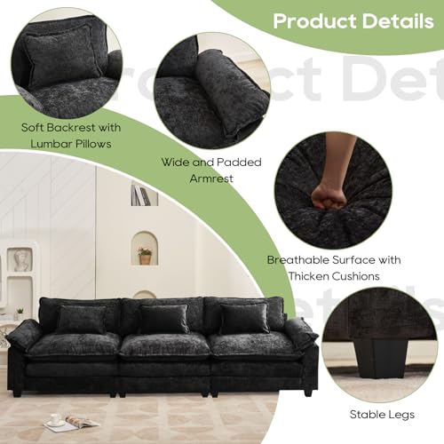 Image of Oprisen 120 inch Modular Sectional Sofa, Comfy Cloud Couch Sectional Sofa, Chenille Sofa Sleeper Deep Seat Sofa with Throw Pillows for Living Room (Black, 120 inch- 3 Seater)