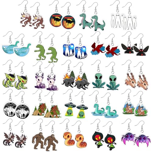 Nosiny 24 Pairs Cryptids Themed Earrings Decorations Monster Drop Earrings Gift Bulk Funny Cryptids Moth Insect Witch Spooky Monster Creepy Weird Funky Halloween Charm Jewelry for Women