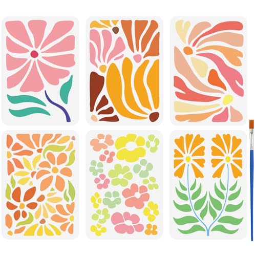 FINGERINSPIRE 6 Piezas Plantilla Flor Botánica con Pincel 21x29.7cm Flor Patrón Bohemia Textura Stencil Vintage Tropical Floral Decorativo Stencil para Azulejos Pared Suelo Papel Muebles