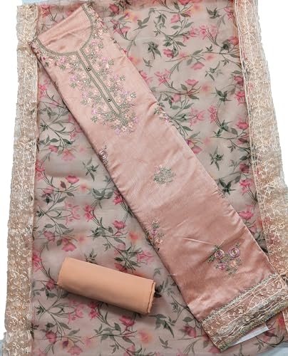 Image of Rubani Women's Heavy Chanderi Cotton Embroidery Work Unstitched Salwar Suit Dress Material With Organza Printed Dupatta(Free Size)