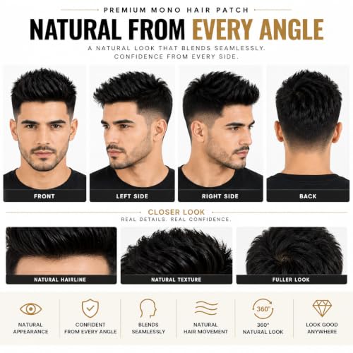 Image of Euphoria PREMIUM MONO Hair Patch for Men | 100% Natural Human Toupee | Durable PU Border System | Non-Surgical Replacement Wig | Install with Tape, Clips or Glue | (Black, 10x7)