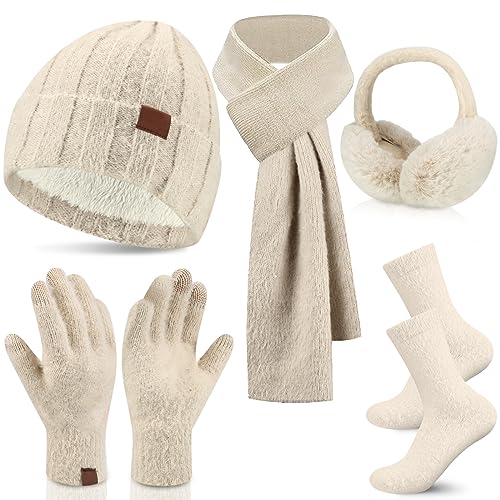 Sintege 5 Pieces Winter Beanie Hat Long Scarf Touchscreen Gloves Foldable Ear Muffs Socks Fleece Sets for Women Men