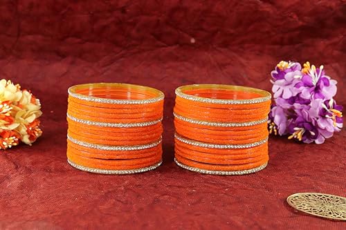 Image of NMII Fancy Glass Golden Zircon Diamond Stone & Velvet Finish Plain Bangles Set For Women & Girls | Glass Velvet Bangles | Kanch ki Chudiyan | Girl's Bangles Bracelet | Fashion Jewellery- Set of 32