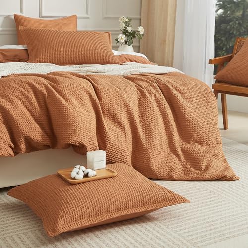 SE SOFTEXLY Waffle Duvet Cover King, 100% Cotton Waffle Weave Bedding Duvet Cover Set, Soft and Breathable Comforter Cover for All Season, 3 Pieces Including Pillow Shams(Terra Cotta, 104”x90”)