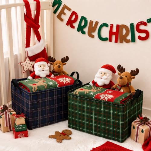 Image of Chunful 4 Pack Christmas Tartan Plaid Storage Baskets for Gifts Collapsible Green Tartan Decorative Laundry Storage Bins Foldable Box with Handles for Home Bedroom Office Holiday Clothes Containers