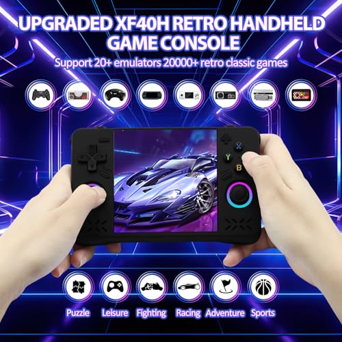 Upgraded XF40H Handheld Game Console, Retro Gaming Console Preloaded Classic Games with Multiple Emulators, 4.0 Inch 4K HD IPS Screen Open Source Linux System, Pocket Video Gaming (Black-128G)