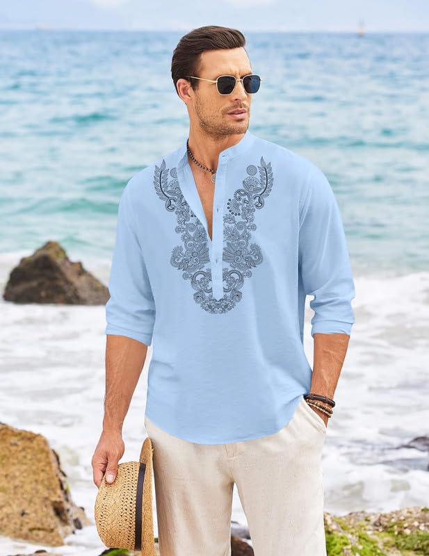 Image of FINIVO FASHION Men's Cotton Blend Short Kurta with Full Sleeves and Ethnic Neck Design | Casual Crinkle Texture Kurta with Mandarin Collar