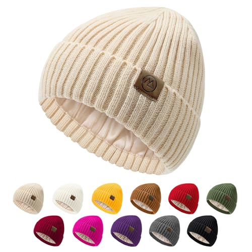 Unisex Satin Lined Warm Winter Hat - Silk Lined Knit Slouchy Beanie - Beige