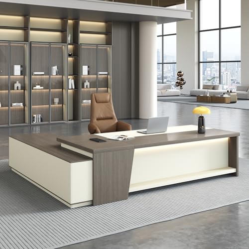 Nuipesn 79' L-Shaped Executive Desk, Right Return, Lockable Drawer, Built-in Power Module (2 AC Outlets + 2 USB), Cable Management & Storage Cabinet, Smoked Gray + Off-White