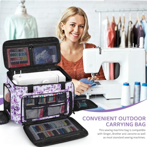 Image of Sewing Machine Carrying Case with Multiple Storage Pockets Large Capacity, Universal Tote Storage Bag Compatible with Most Standard Singer, Brother, Janome, Rose Pattern