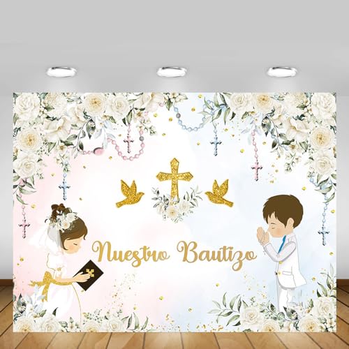 MEHOFOND Floral Nuestro Bautizo Baptism Backdrop for Boy and Girl Siblings First Holy Communion Banner God Bless Christening Party Photography Background Banner Sign Photo Booth Props 7x5ft