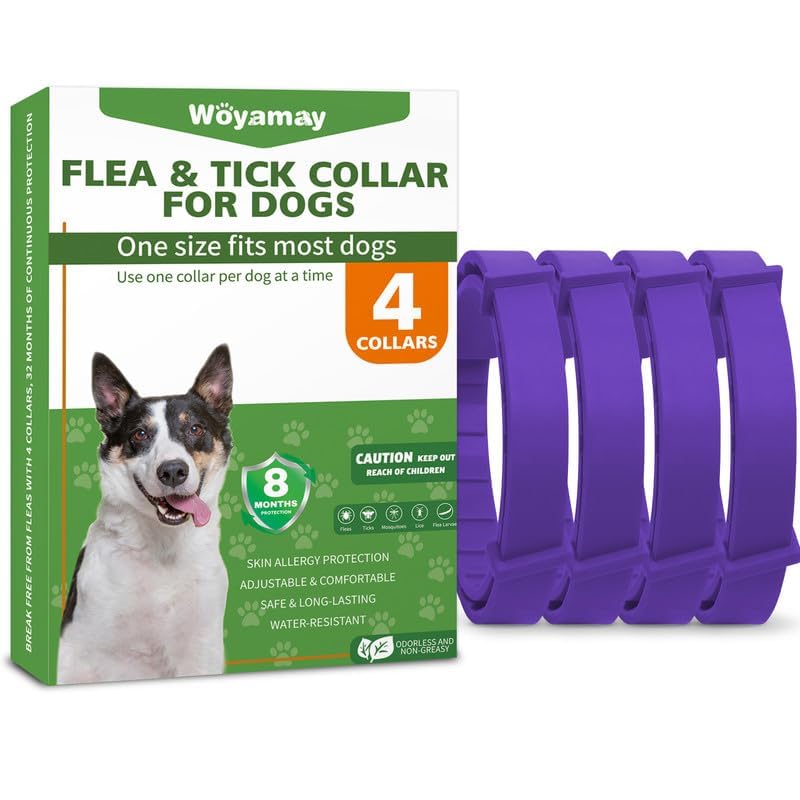 Collares Antiparasitarios para Perros, 4 Piezas Seguro y Eficaz Collar Antipulgas Perros contra Pulgas y Garrapatas, Protección de 8 Meses, Impermeable para Pequeño Mediano Grandes Perros, Morado