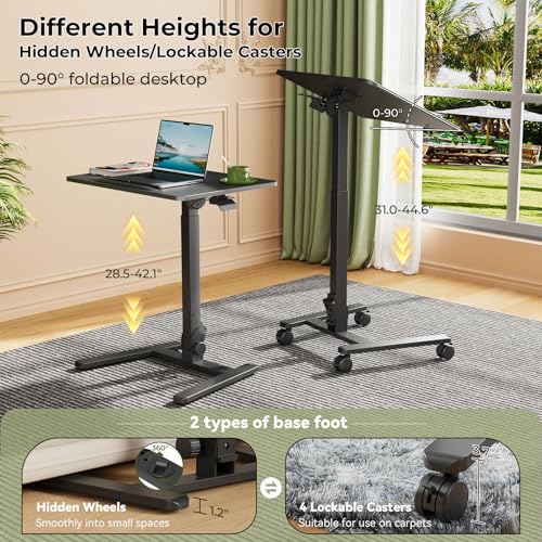 Image of Gibbon Mounts Foldable Standing Desk,Small Mobile Sit-Stand Desk with 90 Tiltable Top,Rolling Rising Laptop Workstation Adjustable Height,Portable Table on Hidden Wheels /4 Lockable Casters,Black